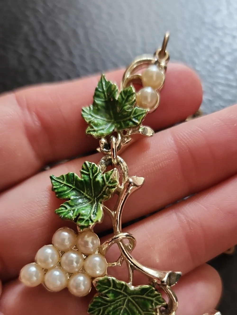 VTG Pearl Grape Cluster Necklace with Green Enamel Leaves